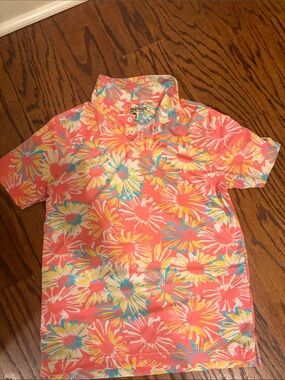 Boys chubbies Coral Floral Polo with Multicolor Daisy Print